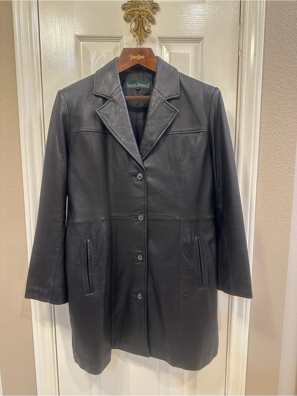 Vintage Harvé Benard Black Genuine Leather Mid-Length Car Coat Jacket Large - Picture 4 of 15
